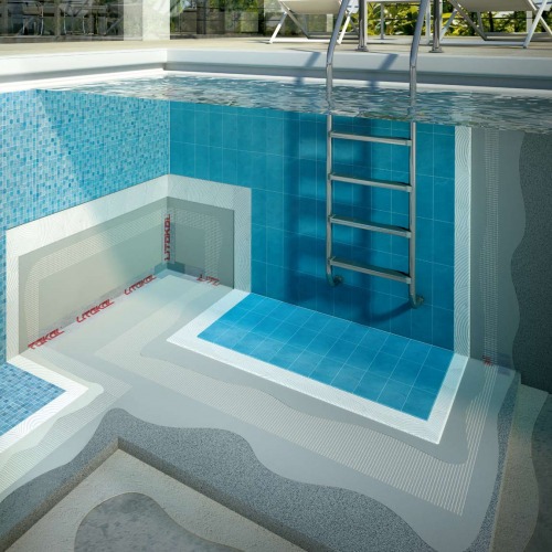 System for waterproofing and installation of ceramics or mosaics in swimming pools with TWO-COMPONENT waterproofing membrane