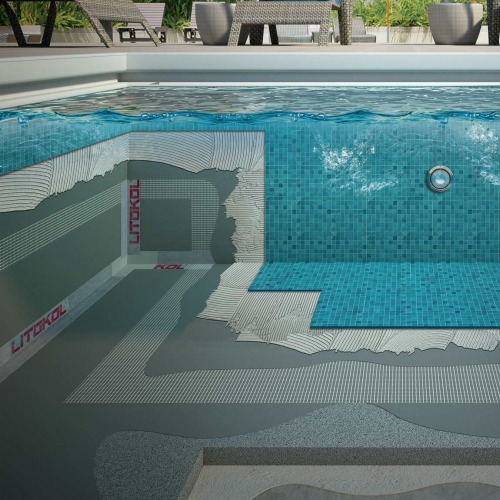 System for waterproofing and installation of ceramics or mosaics in swimming pools with TWO-COMPONENT waterproofing membraneI-2